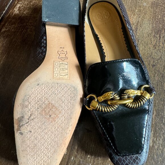 TORY BURCH Jessa black & grey leather buckle horse head block heel loafer 6M - Picture 11 of 12